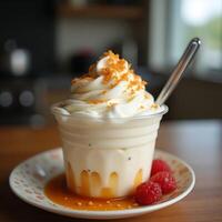 Whipped Cream Dessert with Raspberries and Caramel photo