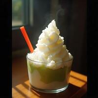 Steaming Drink with Cream and Straw on Table photo
