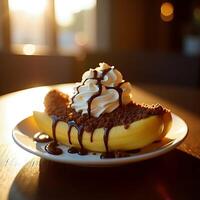 Banana Split Dessert with Cream and Chocolate Sauce Close-up photo