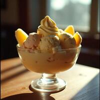 Serving Ice Cream Dessert with Orange Slices in a Glass Bowl photo