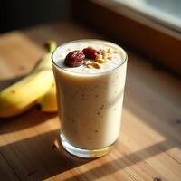 Making Banana Smoothie with Dates and Nuts in Glass photo