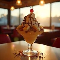 Banana Split Sundae with Chocolate Drizzle and Cherry Topping photo