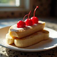 Banana Slices with Cherries and Powdered Sugar on a Plate photo