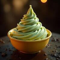 Serving of Soft Serve Dessert in Yellow Bowl on Dark Table photo