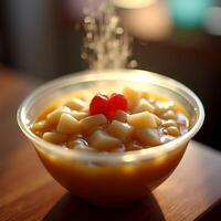 Adding Sugar to Fruit Salad in a Bowl on Wooden Table photo