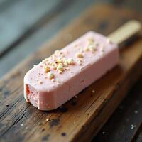 Pink Popsicle on Wooden Board with Crumbled Topping photo