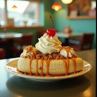 Serving Banana Split Dessert Topped with Whipped Cream and Cherry photo