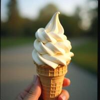 Holding Vanilla Soft Serve Ice Cream Cone Outdoors photo