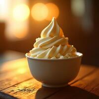 Vanilla Soft Serve in a Bowl on Wood Table Delicious Dessert photo