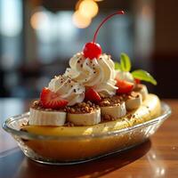 Preparing Banana Split Dessert with Cream and Strawberries photo