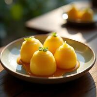 Serving of Rounded Yellow Desserts with Sauce and Mint Garnish on Plate photo