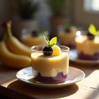 Serving of Creamy Pudding Dessert with Fruit Garnish photo
