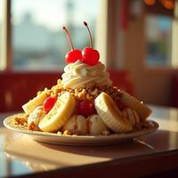 Banana Split Sundae with Whipped Cream and Cherries on Top photo