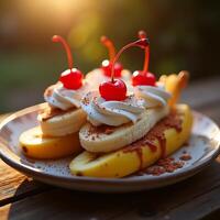 Serving Banana Splits with Whipped Cream and Cherries photo