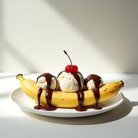 Banana Split Dessert with Ice Cream and Chocolate Sauce photo
