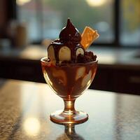 Ice Cream Sundae with Chocolate Sauce and Wafer on Counter photo