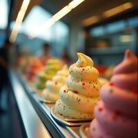 Colorful Soft Serve Ice Cream Swirls Displayed in a Row photo