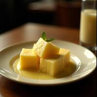 Creamy Dessert Cubes on Plate with Yellow Sauce and Drink photo