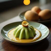 Presenting Green Dessert with Sauce and Fruit Topping on Plate photo