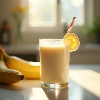 Banana Smoothie with Striped Straw and Banana Slice photo