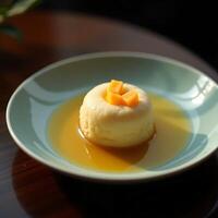 Serving Custard Dessert with Fruit Topping on Plate photo