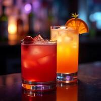 Two Refreshing Cocktails with Ice on a Bar Top photo