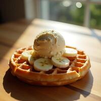 Serving Waffle with Ice Cream and Sliced Banana on Wooden Table photo
