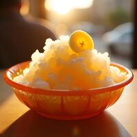Shaved Ice Dessert with Fruit Topping in Bowl on Table photo