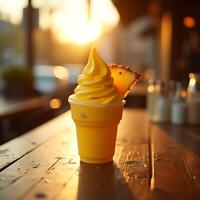 Enjoying Yellow Soft Serve Ice Cream with Pineapple on Wooden Table photo