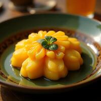 Serving Elegant Mango Dessert on Decorative Plate with Clover Garnish photo