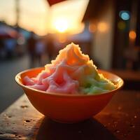 Shaved Ice Dessert in Bowl at Sunset Delicious Refreshment photo