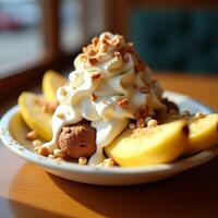 Serving Fruit Dessert with Cream and Nuts on Plate photo