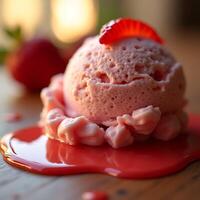 Melting Strawberry Ice Cream Scoop with Fruit Slice on Table photo