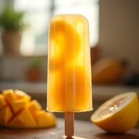 Mango Popsicle on Wood Surface with Fruit Slices photo