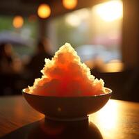Fluffy Dessert in Bowl on Table Bathed in Warm Light photo