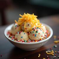 Ice Cream Scoops with Sprinkles and Topping in Bowl photo