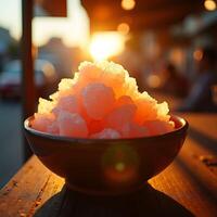 Bowl of Shaved Ice Dessert in Warm Sunlight photo