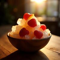 Eating Shaved Ice with Strawberries in Wood Bowl on Table photo