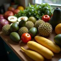 Assorted Fresh Fruits and Vegetables on a Kitchen Counter photo