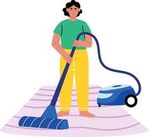 Flat illustration showing a person cleaning with a vacuuming machine vector