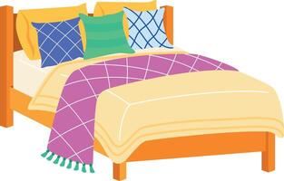 A flat style illustration showing bed with pillows and blanket vector