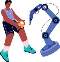 A flat style illustration showing a person playing with robotic arm vector