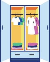 Flat style illustration showing a wardrobe filled with clothes vector
