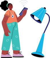 A flat style illustration showing a person looking at smart lamp vector