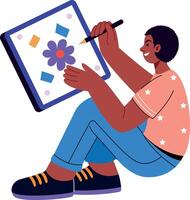 A flat style illustration showing a person using drawing tablet vector