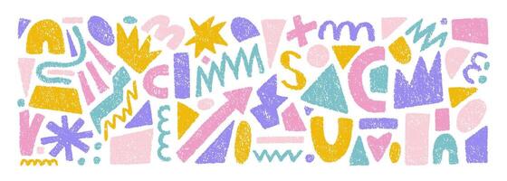 Hand drawn set of colorful crayon abstract shapes. collection of contemporary texture figure in doodle style. Design elements perfect for banner, decor, print, stickers vector