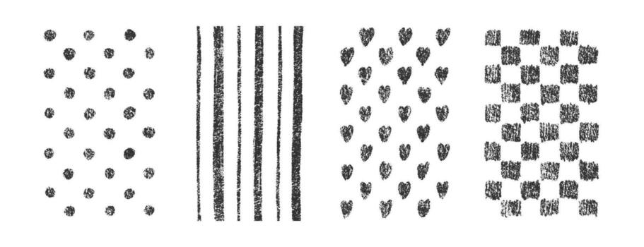 Hand drawn crayon textures pattern set. Childish freehand scribble and shapes background. Collection of design elements lines, dots, grid, hearts vector
