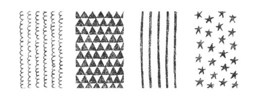 Hand drawn crayon textures pattern set. Childish freehand scribble and shapes background. Collection of design elements wavy lines, stars, stripes and triangles vector