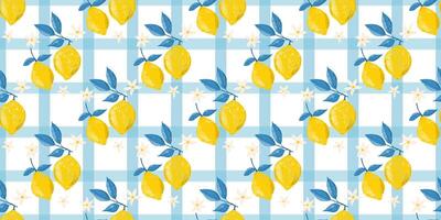 Hand drawn set of colored crayon of lemons on branch. Leaves and flowers of citrus fruits. Italian summer seamless pattern in Mediterranean vintage style, kitchen print, checkered background vector