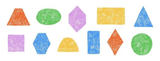 Crayon hand drawn colorful geometric shapes set. Pencil or charcoal texture. Circle, square, triangle and rectangle. texture illustration vector